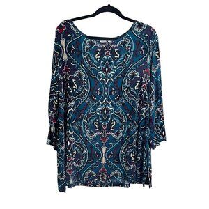 Chicos Top Women 16 Blue Floral Pullover Boho Western Feminine Retro Classic 80s